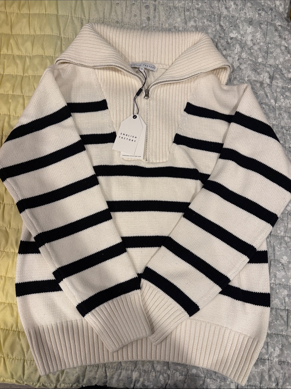 English Factory Cream and Black Striped Quarter-Zip Pullover Sweater